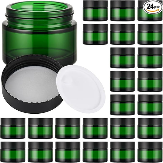 Glass Jars with Lids,Eco-Friendly Cosmetic Containers with Airtight Black Lids & Liners, Multi-Color Options for Cream, Lotion, Body Butter, DIY Skincare Travel Jars (Green, 2oz)