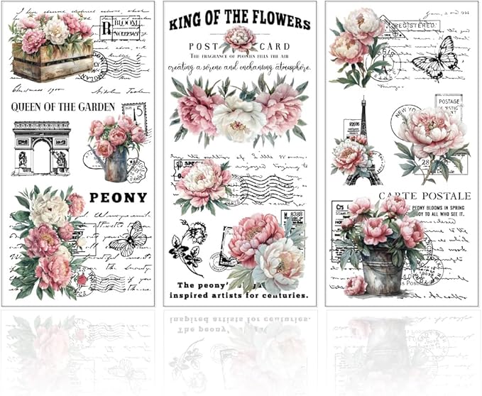 GLOBLELAND 3 Sheets Vintage Pink Peony Background Furniture Transfer 6x12inch Retro Romance Text Rub on Transfer Self-Adhesive Wall Art Decals for Bedroom Living Room Desk Table Decoration