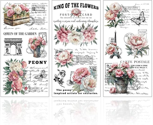 GLOBLELAND 3 Sheets Vintage Pink Peony Background Furniture Transfer 6x12inch Retro Romance Text Rub on Transfer Self-Adhesive Wall Art Decals for Bedroom Living Room Desk Table Decoration
