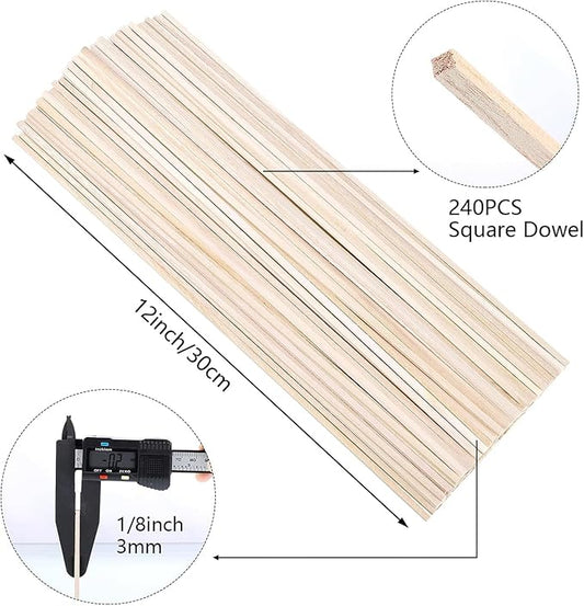 240 Pcs Balsa Wood Sticks 1/8 x 1/8 x 12 Inch Square Dowel Rods Balsa Wood Strips Hardwood Sticks for Crafts DIY Projects Models Making