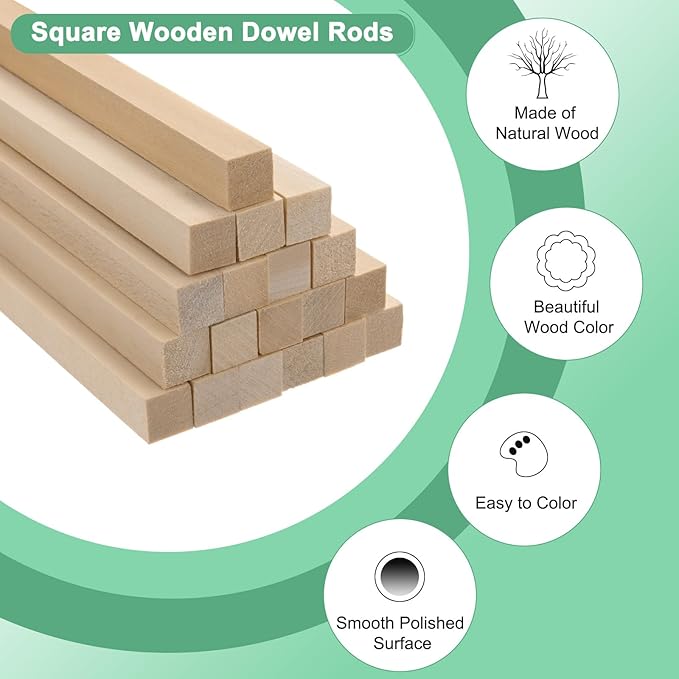 10-Pack Wood Square Dowel Rods, 15/32 x 12 Inch Unfinished Wooden Square Dowel Rods for Crafts/DIY Projects/Models Making