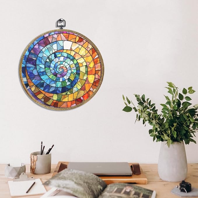 Colorful Boho Rainbow Geometric Spiral Sun Art Gift Framed Round Wall Decor - Image 4