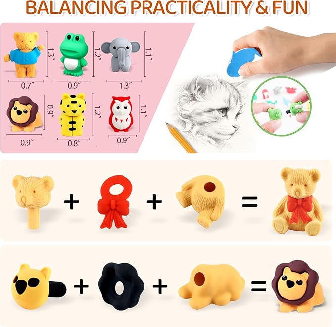 130Pcs Animal Erasers Kids Desk Pets Pencil Erasers 3D Puzzle Bulk Mini Animal Food Eraser Toys Fun Cute Eraser for Classroom Rewards, Game Prizes, Treasure Box, Easter Egg Fillers