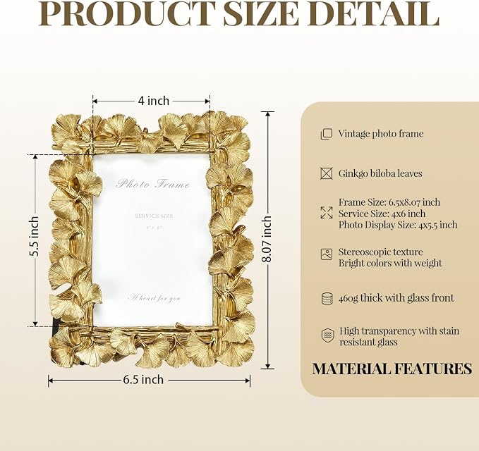 Cuspin 4x6 Gold Picture Frames Vintage Gold Frame, Ornate Leaf Textured - Image 4