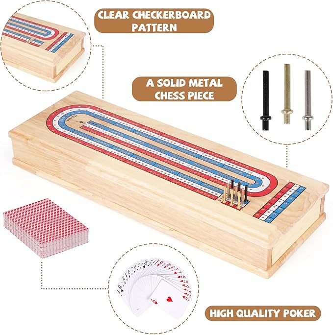 Wooden Cribbage Board Game Set with Storage Drawer & Metal Pegs – Premium 3-Track Cribbage Board with Cards, Portable Travel Strategy Game for Adults, Kids & Family Game Night