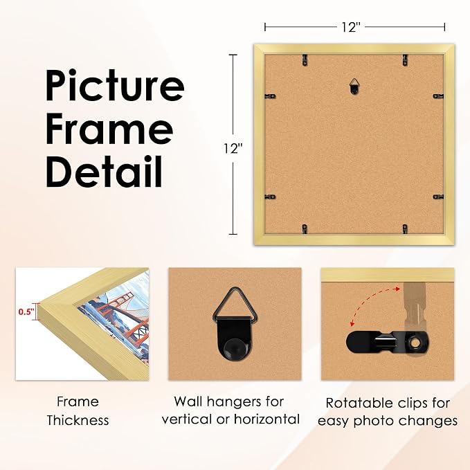 FIXSMITH 12x12 Picture Frame Gold Set of 2, Photo Frame - Image 3