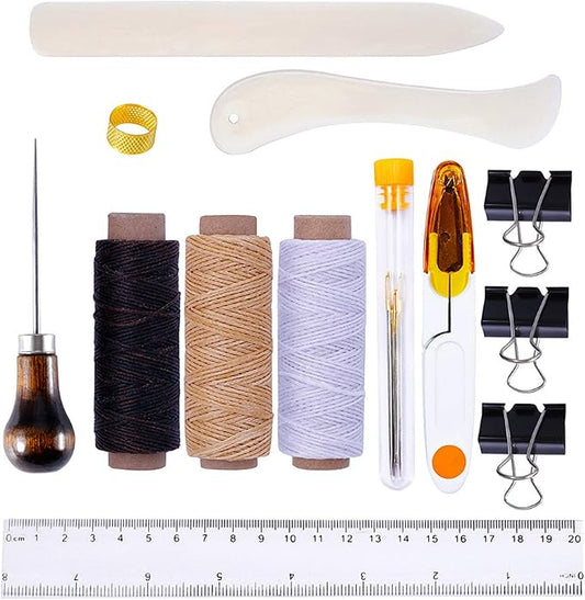 Goiio 19 Pieces Bookbinding Kit Starter Tools Set Bone Folder Paper Creaser, Waxed Thread, Awl, Large-Eye Needles for DIY Bookbinding Crafts and Sewing Supplies