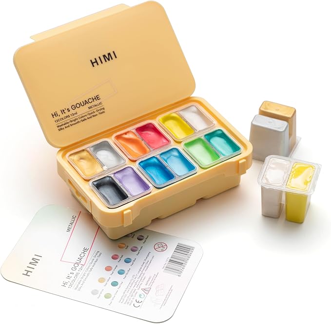 HIMI Metallic Jelly Gouache Paint Set, 12 Colors 12g, Jelly Cup Design, Travel carry, Gouache Paint Non Toxic for Canvas and Paper, Art Supplies for Professionals and Beginner