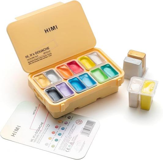 HIMI Metallic Jelly Gouache Paint Set, 12 Colors 12g, Jelly Cup Design, Travel carry, Gouache Paint Non Toxic for Canvas and Paper, Art Supplies for Professionals and Beginner