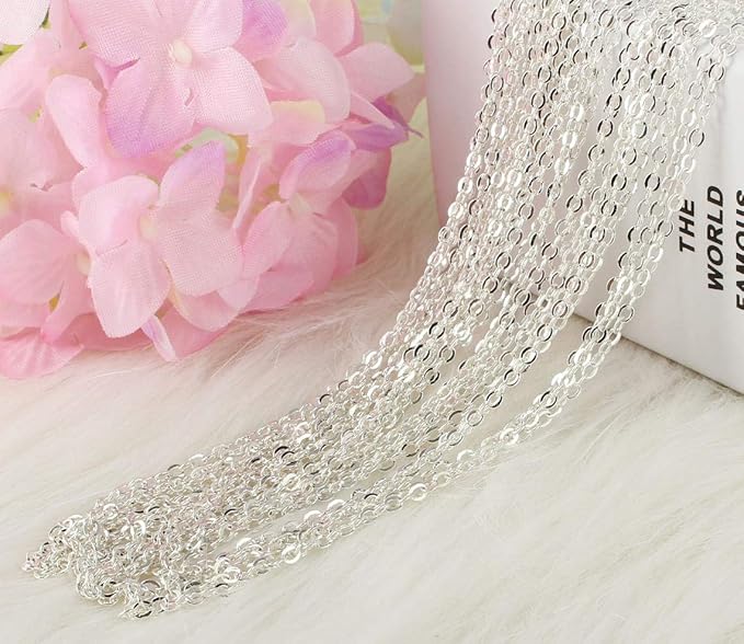 ALEXCRAFT Wholesale 12 PCS Silver Plated Solid Brass Flat Cable Chains Bulk for Jewelry Making (20 Inch(2MM))