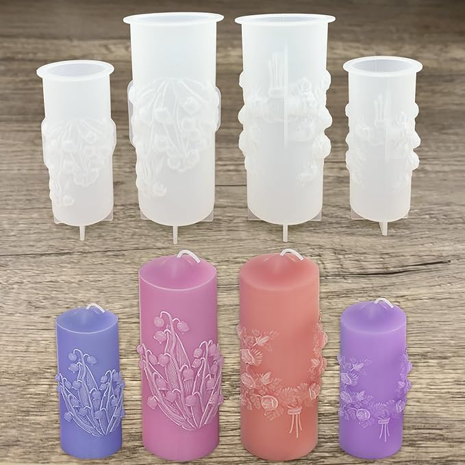 Flower Pillar Candle Molds 4pcs Rose Lily of The Valley Cylinder Silicone Molds for Candle Making Soaps Resin Clay Decoration Crafts DIY (Style -1)
