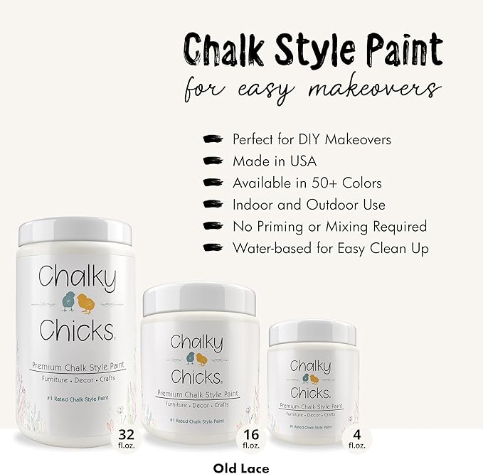 Chalky Chicks All-in-One Chalk Paint for Furniture or Cabinet - 32 Fl Oz - Matte Finish Old Lace (Off White) for Metal, Wood Furniture Paint - No Sanding All-in-One for Home Decor & Crafts, USA Made