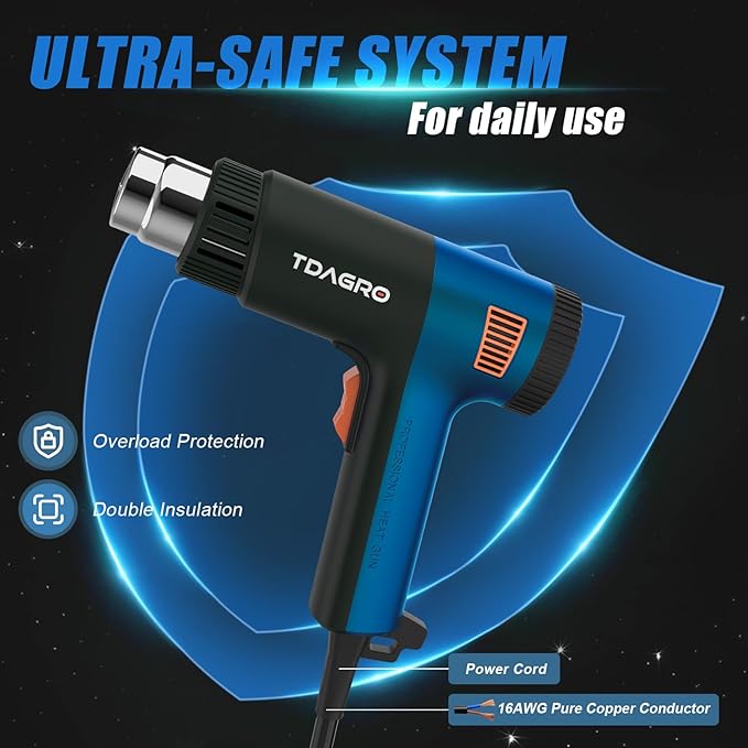 Heat Gun for crafting 1800W, 122℉~1202℉ Variable Temperature Control with 2-Temp Settings 4 Nozzles, 1.5s Fast Heating Blue Heat Gun for Resin, Shrink PVC Tubing/Wrapping/Crafts and Vinyl Wrap