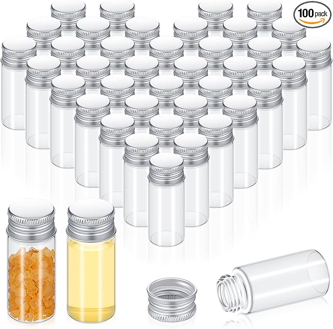 100 Pcs Small Clear Vials Spice Mini Jars with Lids Mini Glass Bottles with Screw Aluminum Metal Caps Tiny Jars Sample Containers for Powder Cream Cosmetic Jewelry Wedding (10 ml,Silver Caps)