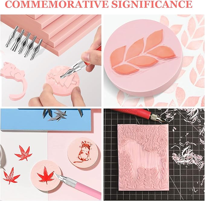 15 Pack Rubber Linocut Kit - 4 x 6 Inch Stamp Making Kit with Linocut Tools - Pink Rubber Block Stamp Printing Kit for Printmaking Supplies, DIY