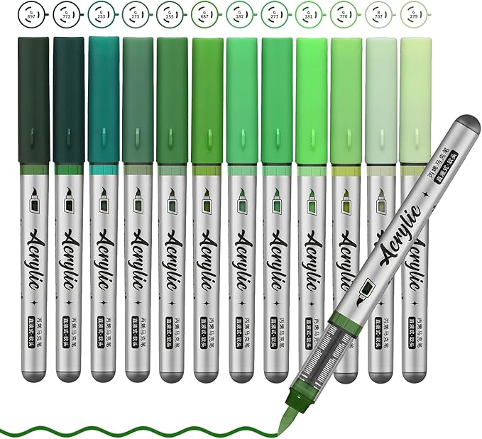 Green Acrylic Paint Pens,12 Color Paint Pens Markers,Brush Tip Paint Pens for Rock Painting Wood Glass Ceramic Canvas Stone DIY Crafts Making Art Supplies