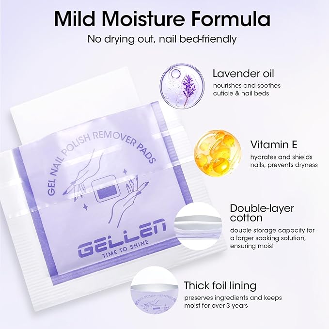 Gellen 200 Pack Nail Polish Remover Pads, 100% Non-Acetone, Travel Individually Wrapped Remover Pads for Regular Nail Polishes & Gel Polish, Lavender Oil No Drying Out for Home Salon