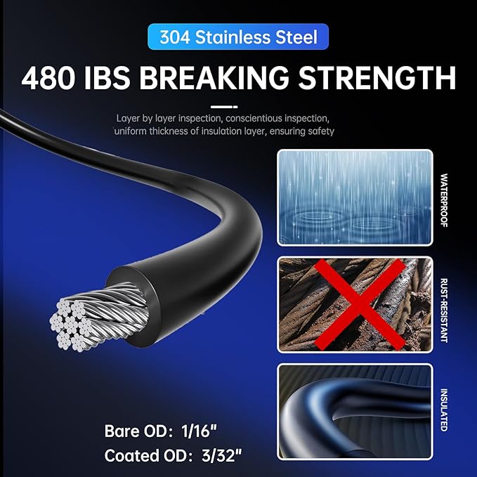 164FT Black Vinyl-Coated 304 Stainless Steel Cable – Heavy Duty String Lights Hanging Kit with Turnbuckle, Thimble & Hooks for Outdoor, Patio, Garden, Christmas Lights