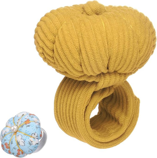 HARFINGTON Wrist Pin Cushions, Sewing Needle Pin Cushion Adjustable Strap with Elastic Strap Finger Ring Pincushions Fit All Wrist Sizes for Sewing Quilting Needlework DIY Crafts, Yellow/Blue
