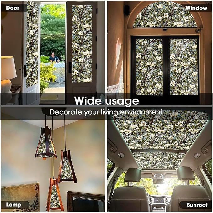 White Magnolia Floral Tree Green Leaf Vintage Stained Glass Window Films - Image 5