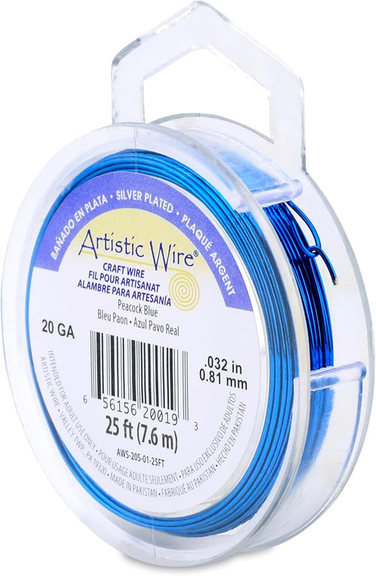 Artistic Wire, 20 Gauge Silver Plated Tarnish Resistant Colored Copper Craft Wire, Peacock Blue, 25 ft