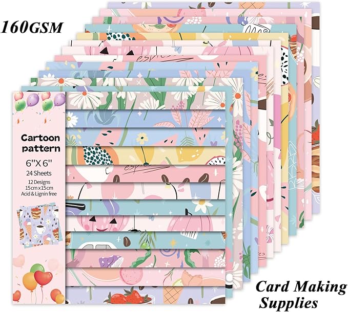 24 Sheets 12 Designs Scrapbook Paper Pad,6"×6” Single-Sided Decopodge Craft Cardstock Paper,Christmas Scrapbooking DIY Decorative Background Cardmaking Supplies.Cartoon