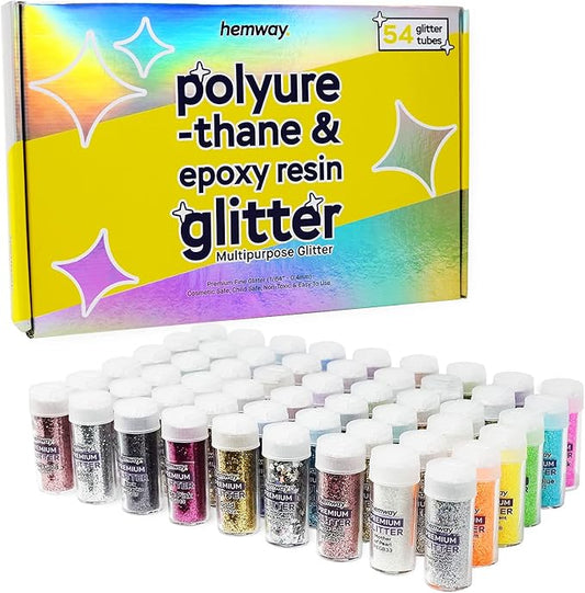 Hemway Polyurethane & Epoxy Resin Glitter Box (Pack of 54) | Fine Metallic Flakes Shaker Set for Arts & Crafts | Assorted Colour Craft Supplies for Making Cards, Jewellery, Tumblers & Coasters