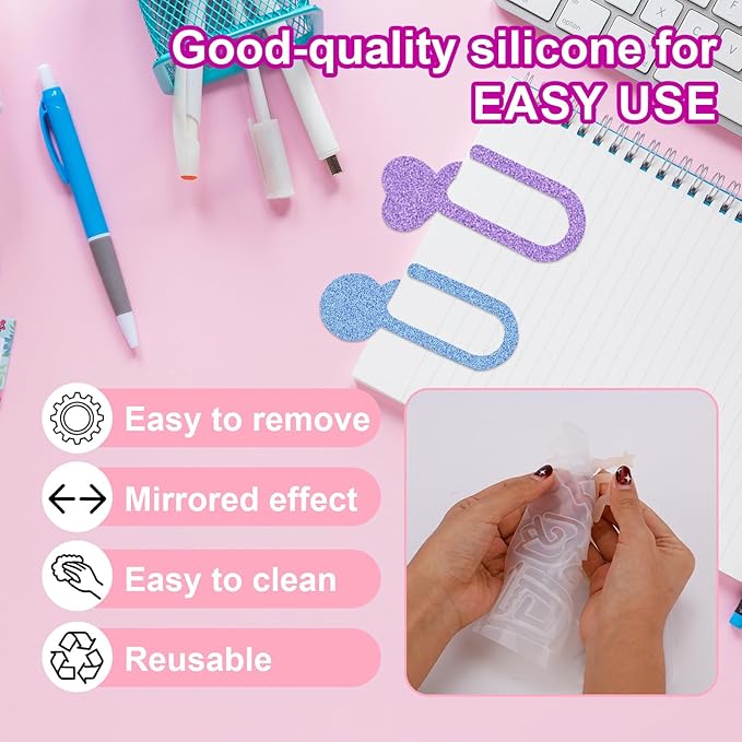 3pcs Paperclip Bookmarks Mold, Jumbo Paper Clips Bookmarks Silicone Mold with Multiple Style Epoxy Heart Resin Casting Mould Butterfly Making Supplies for DIY Crafts Book Lovers Gift