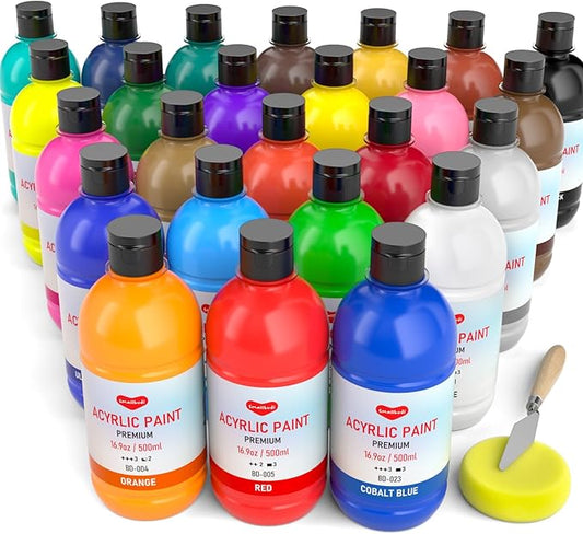 25 Colors Large Acrylic Paint Set (16.9 oz,500 ml), Bulk Acrylic Paint Non-Toxic Art Painting Supplies on Multi Surface Pumpkin Canvas Wood Craft Fabric Rock for Artist Kids with Color Wheel