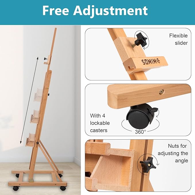 H-Frame Studio Easel, Beechwood Artist Easel with Wheels and Storage Tray, Adjustable Floor Easel Stand Holding Canvas up to 51Inches for Painting, Natural