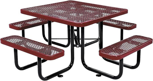 Global Industrial 46" Square Picnic Table, Expanded Metal, Red Thermoplastic Coating, Attached Benches, 1-1/2” Umbrella Pole Hole, Outdoor-Rated, 1000 lb Capacity