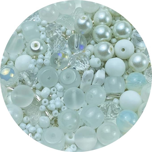 Assorted Glass Resin Beads Multi Size Colors Smooth Cracked Gravel Millet Spacer Beads for Bracelets Necklace Earring DIY Jewelry Making Craft (White Series)