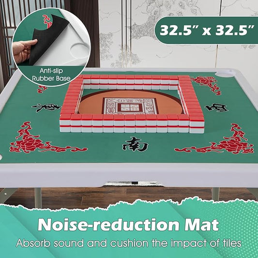 Giantex Folding Mahjong Table, 35" Square Card Table with Cup Holders, Removable Noise Reduction Mat, HDPE Tabletop, 4-Player Portable Domino Tables for Poker Blackjack Board Game (Green)