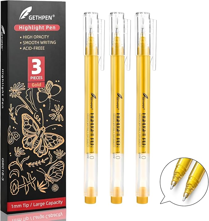 Gold Gel Pens, 1.0 mm Extra Fine Point Gel Ink Pens, Opaque Gold Archival Ink Pens for Black Paper Drawing, Sketching, Card Making, White Gel Pen for Artists Drawing, 3 Pack