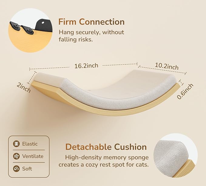 Cat Wall Shelf with Curved Hammock Bed, Wall Mounted Cat Perch with Beige Soft - Image 5