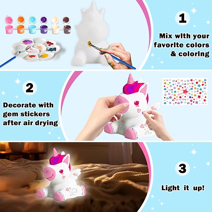 FUNZBO Paint Your Own Unicorn Lamp Kit - Halloweens Arts and Crafts Supplies Painting Kits for Kids Teens, DIY Night Light Unicorn Toy for Toddler Girls Age 3 4 5 6 7 8 9 10 11 12 13 + Birthday Gifts
