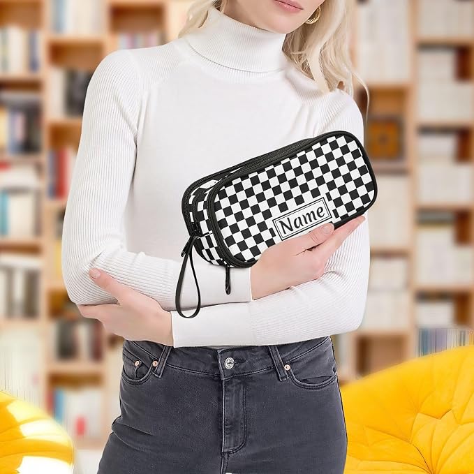 Custom Black White Checkered Pattern Pencil Case Box Boys Girls Personalized - Image 7