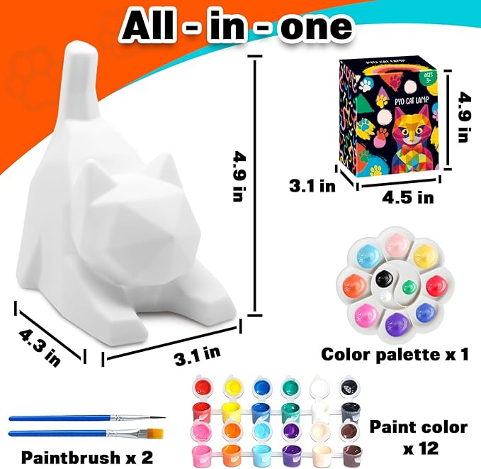 FUNZBO 4.3in Paint Your Own Cat Lamp Kit - Halloweens Arts and Crafts Supplies Painting Set for Kids Teens, DIY Night Light Toy for Toddlers Girls Boys Age 3 4 5 6 7 8 9 10 11 12 13 +