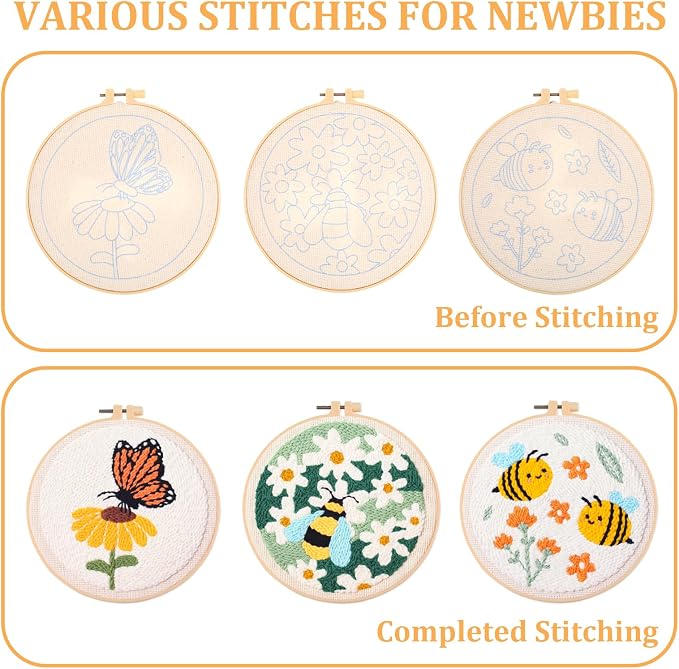 3 Pcs Punch Needle Kits, 7.87 Inch Cute Floral, Bees and Butterfly Punch Needle - Image 3