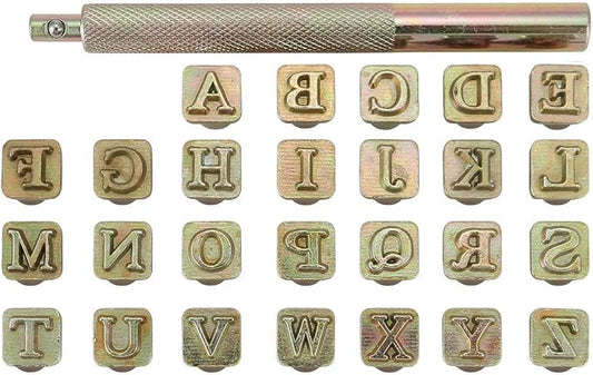 Yoption 27 Pieces Leathercarft Stamping Tool Set, 26 Letters Alphabet Stamps Steel Punch Tool 6mm+1 Stamping Handle for Leather Craft