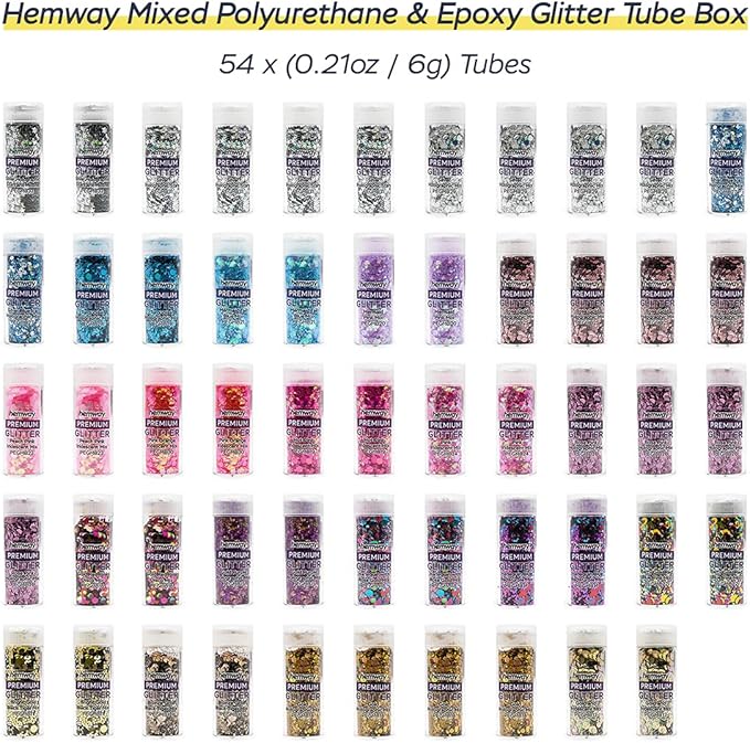 Hemway Mixed Polyurethane & Epoxy Resin Glitter Box (Pack of 54) | Metallic Flakes Shaker Set for Arts & Crafts | Assorted Colour Craft Supplies for Making Cards, Jewellery, Tumblers & Coasters