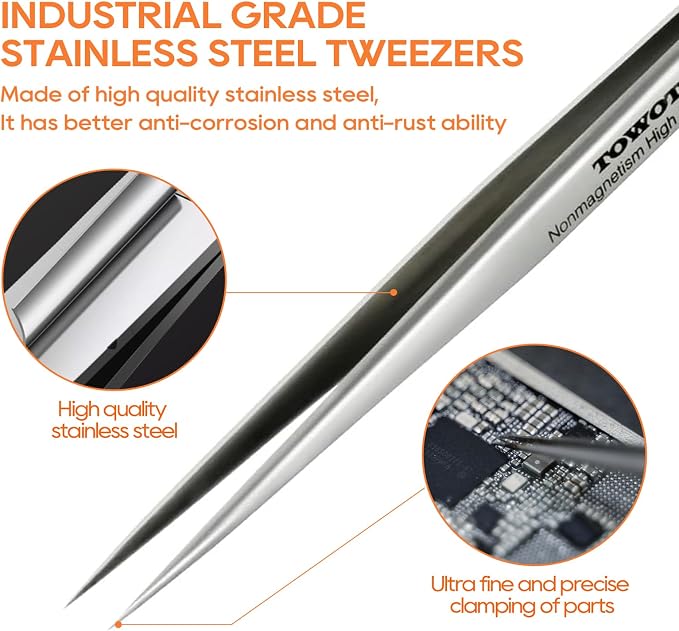 TOWOT Precision Tweezers, Non-Magnetic, Heat Resistant, Electronics, - Image 2