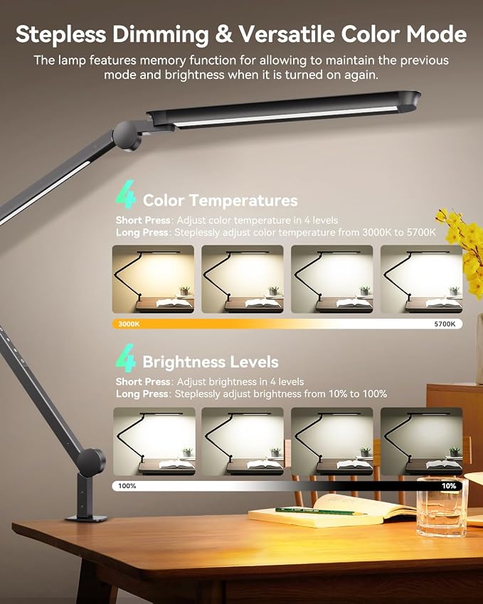 LED Desk Lamp with Clamp, Architect Desk Lamp with Remote, Flexible Swing Arm - Image 3