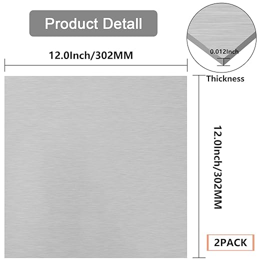 2Pack 5052 H32 Thin Aluminum Sheet Metal 12 x 12 x 0.012 (12Mil) Aluminum Plate Covered with Protective Film, Rectangle Thin Aluminum Metal Plate for Crafting, DIY, Handcraft, Backsplashes, 0.3mm