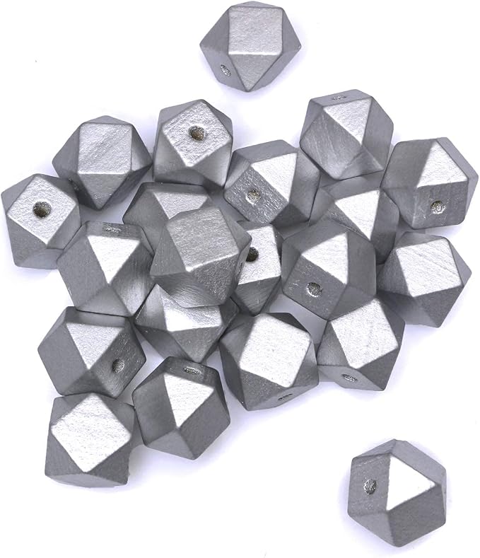 Silver Geometric Wooden Beads 20mm Polygon Wooden Spacer Beads - Image 6