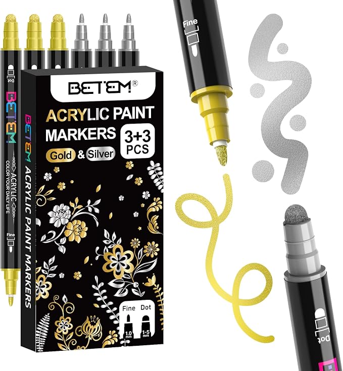 Betem 6 Gold&Silver Dual Tip Acrylic Paint Markers, Fabric Decorating Kits by BetemArtWorld