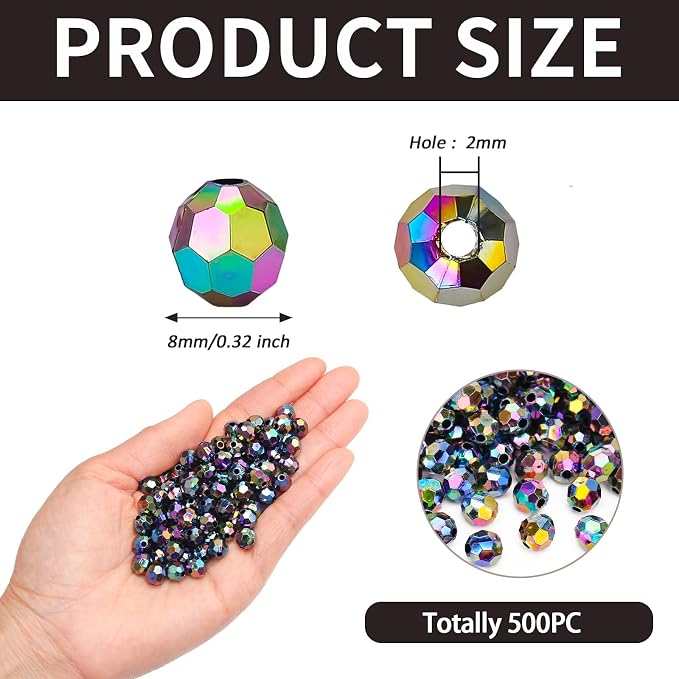BONNY BOXX 500pcs 8mm Acrylic Faceted Round Crystal Beads Transparent Black AB - Image 2