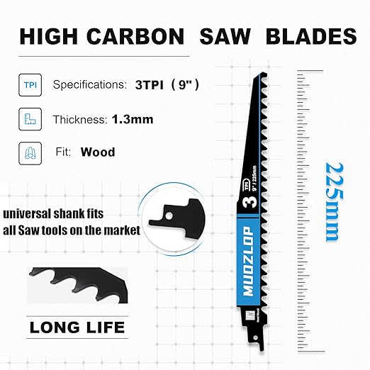 3 Pack 9 inch Reciprocating Saw Blades Set，3 TPI High Carbon Saw Blades for Wood Cutting ，Saw Blades with Organizer Case (3, 3T/9inch)