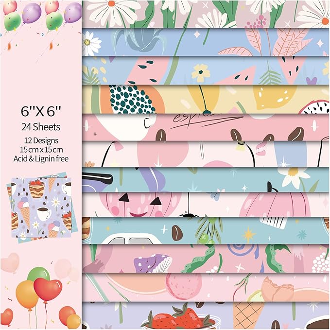 24 Sheets 12 Designs Scrapbook Paper Pad,6"×6” Single-Sided Decopodge Craft Cardstock Paper,Christmas Scrapbooking DIY Decorative Background Cardmaking Supplies.Cartoon