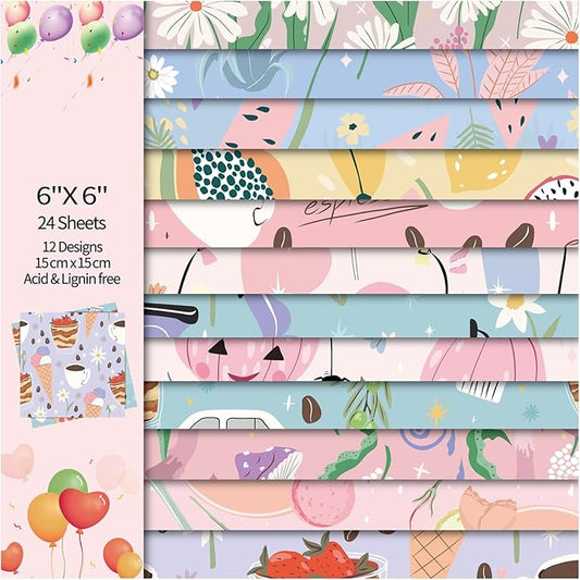 24 Sheets 12 Designs Scrapbook Paper Pad,6"×6” Single-Sided Decopodge Craft Cardstock Paper,Christmas Scrapbooking DIY Decorative Background Cardmaking Supplies.Cartoon